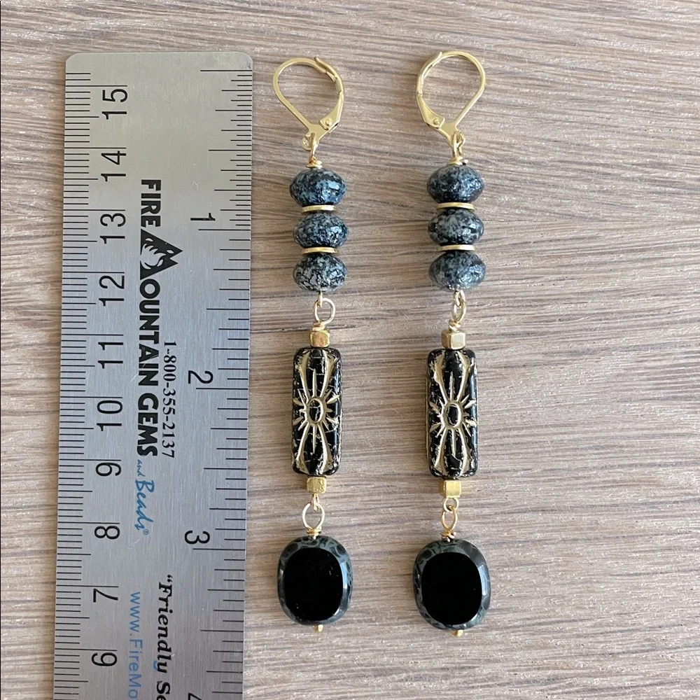 HAND CRAFTED CZECH GLASS EARRINGS Black Gold Long Bohemian Dangles